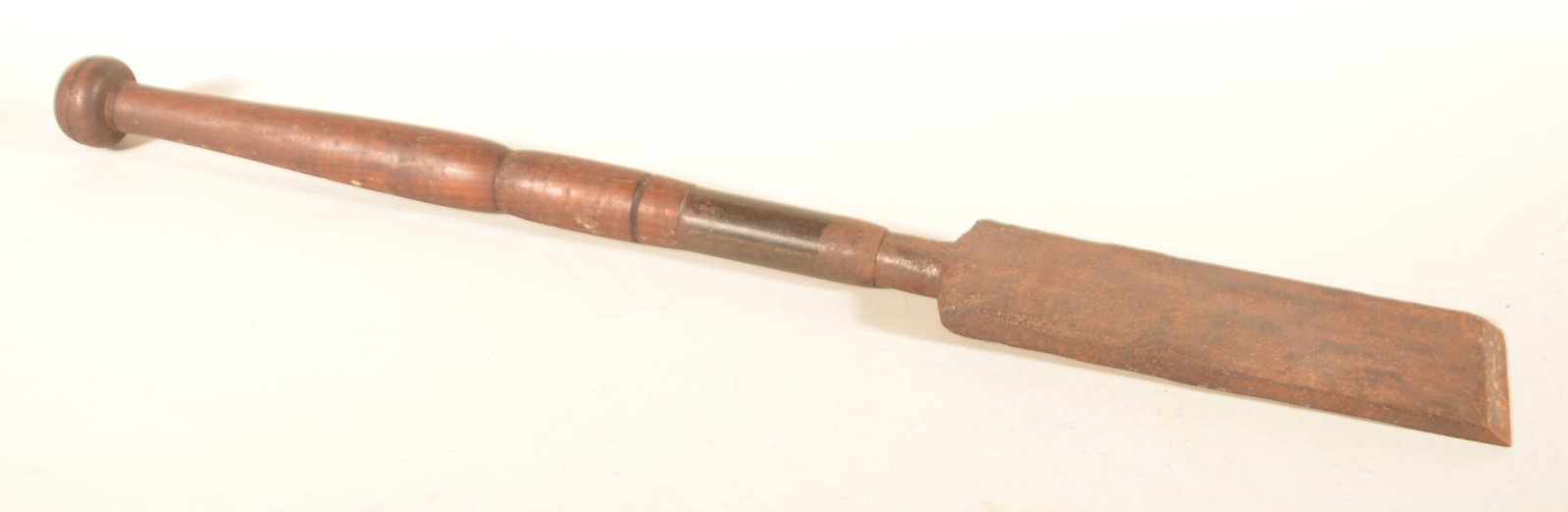 Massive Early Wrought Iron Hand Slick: Wonderful blacksmith work on the blade. With the original turned wood handle. Early 19th-century. 38 1/2"L