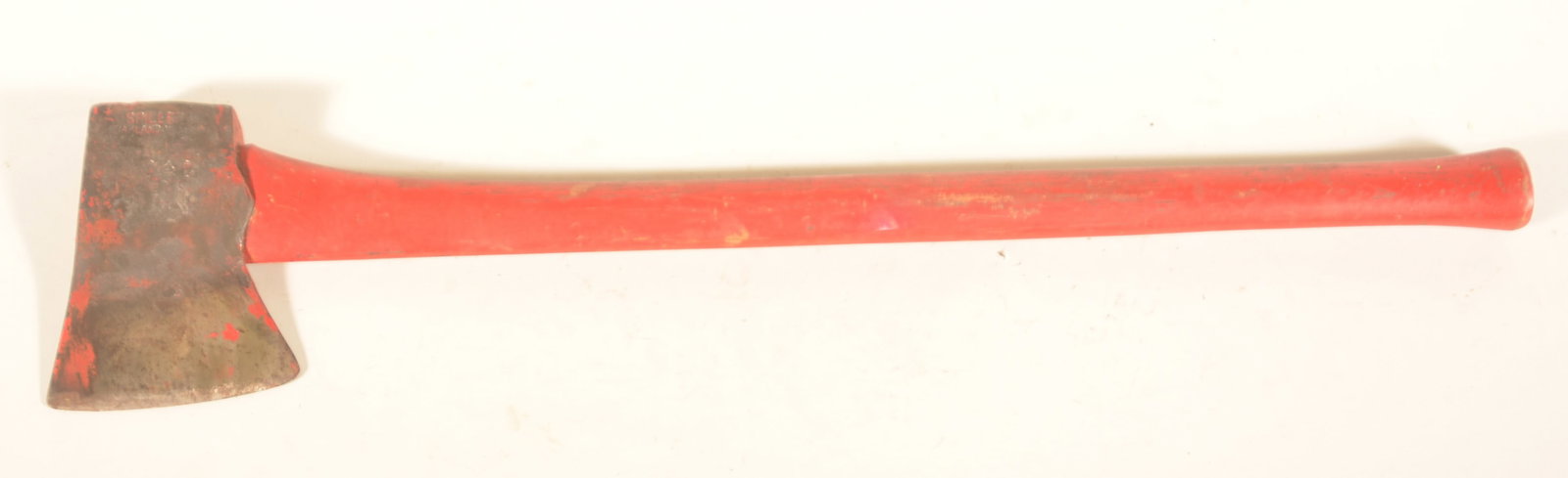 Marked Spiller, Oakland (Maine) Felling Axe: Marked on one side of blade. Handle painted red with paint runs on the blade. 31"L