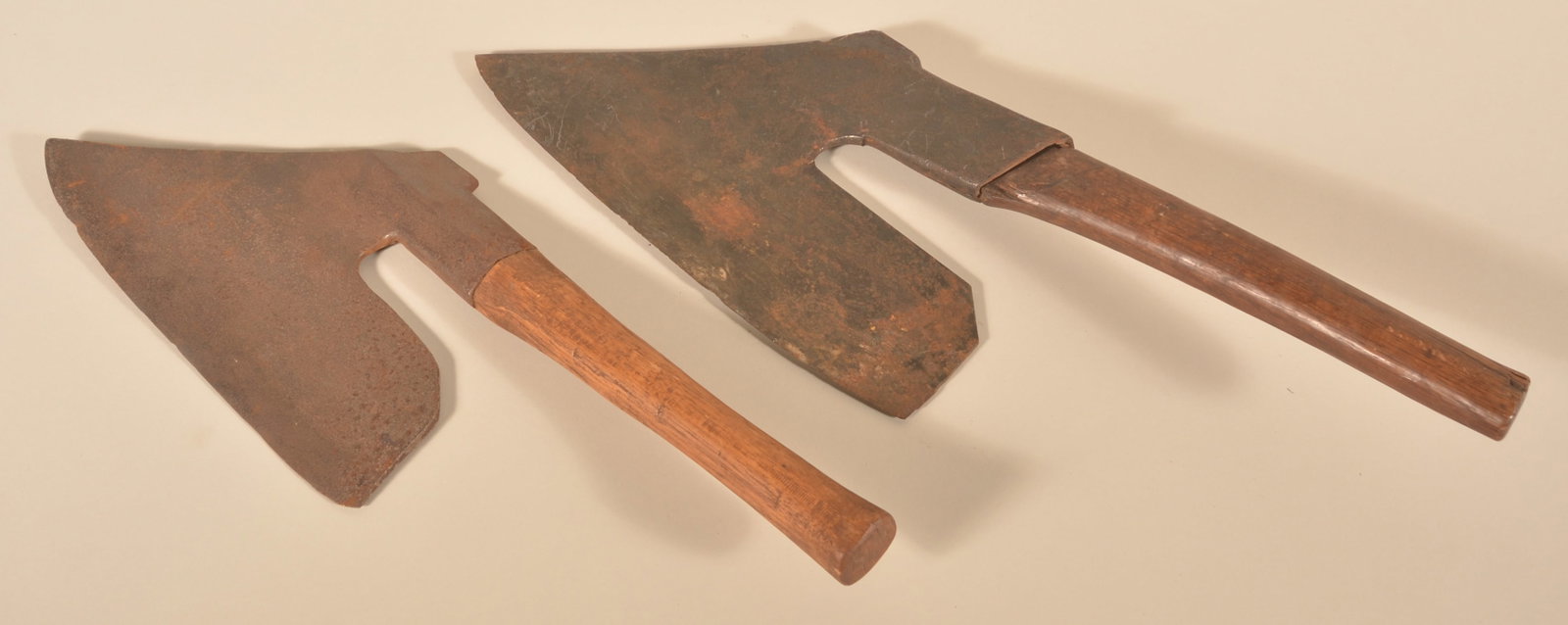 Pair of Early Pennsylvania Goosewing Axes: Both very nice examples of mid-19th century goosewing axes found in central Pennsylvania. 26"L