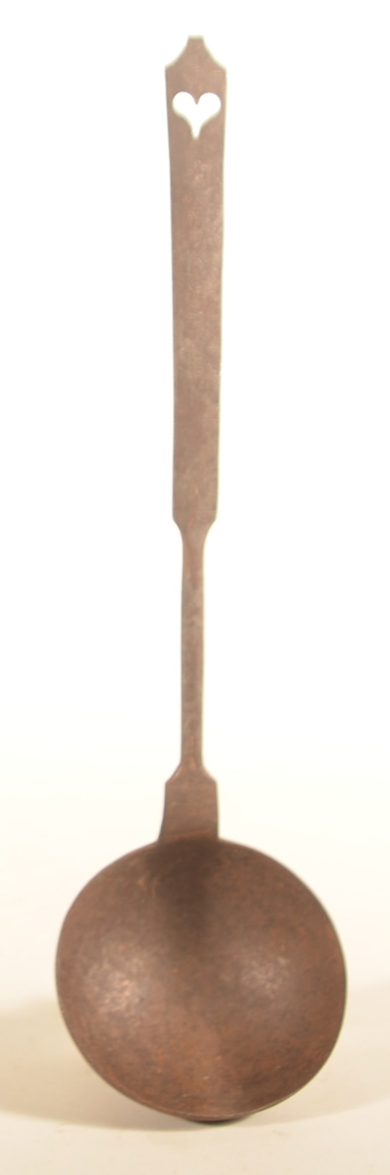 Antique Decorated Wrought Iron Ladle: Line and dot decoration associated with a blacksmith working in the Manheim area of Lancaster County, Pa. Heart cut-out at top of handle appears to be a later addition. 19"L