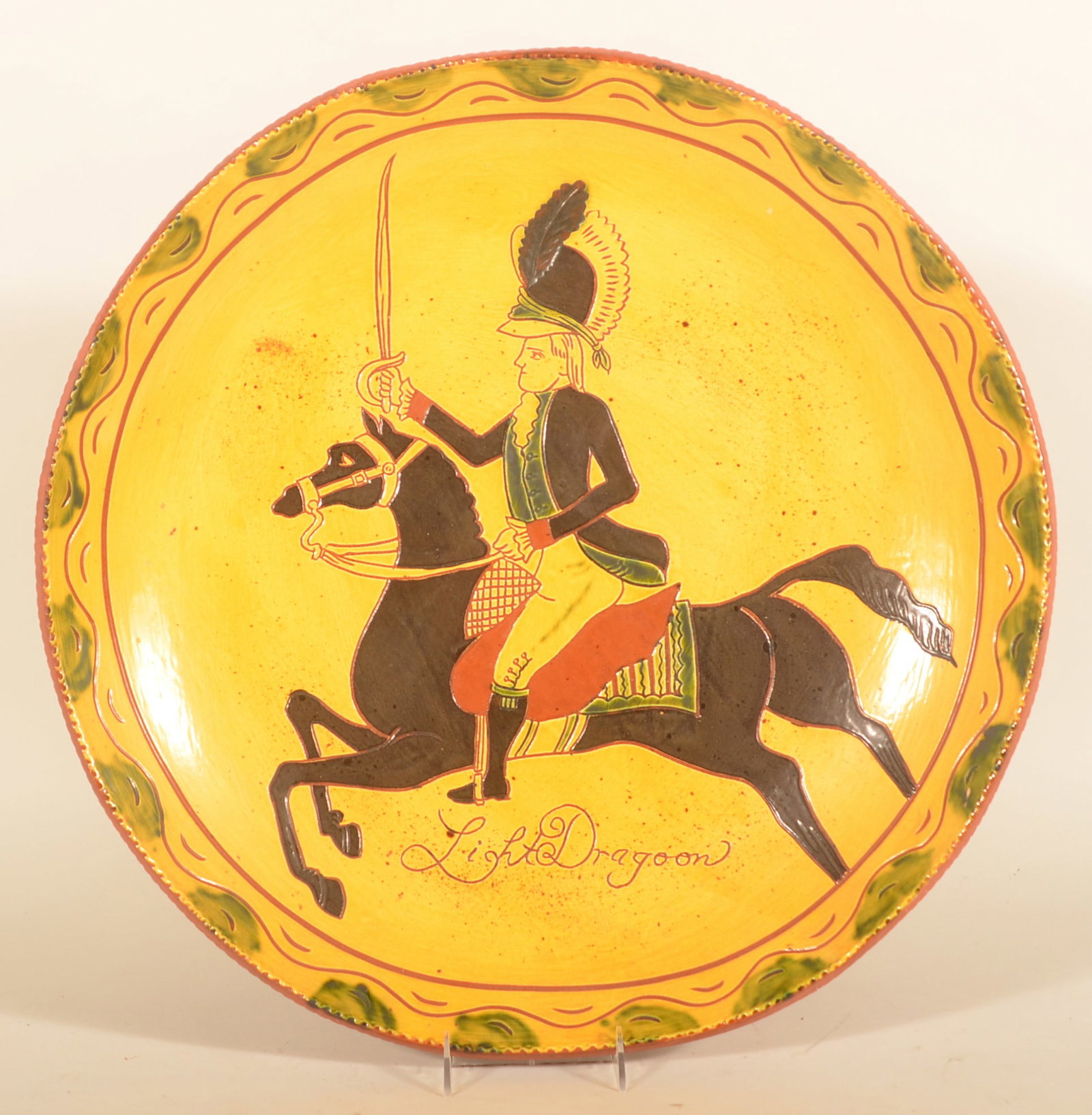 Impressive 22" Breininger Sgraffito Charger: Incredible size and presence! Inscribed "Light Dragoon" depicting a mounted dragoon brandishing his sword. Inscribed on the back with the date May 24, 1986 "This is the largest sgraffito plate made by