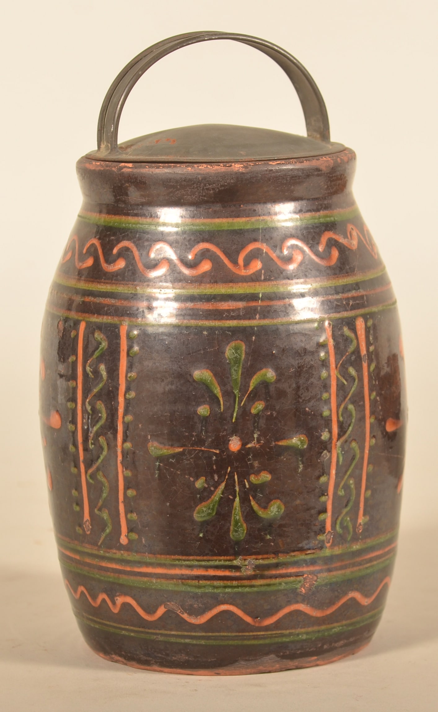 Decorated Greg Shooner Redware Jar w/ Tin Lid (1 of 4)