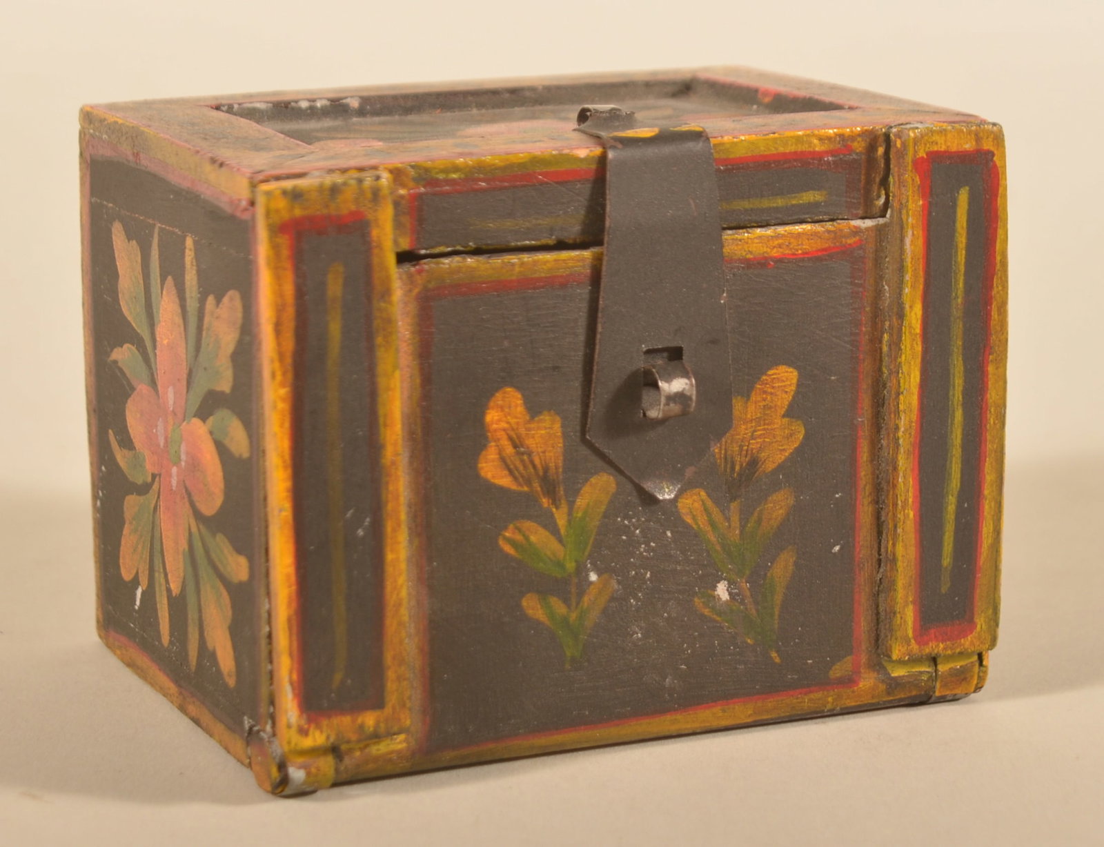Sweet Little Paint-Decorated Puzzle Box: Unsigned walnut box painted in traditional Pennsylvania Dutch floral motif with vibrant colors and a tin hasp. 3"H x 4"W x 3"D