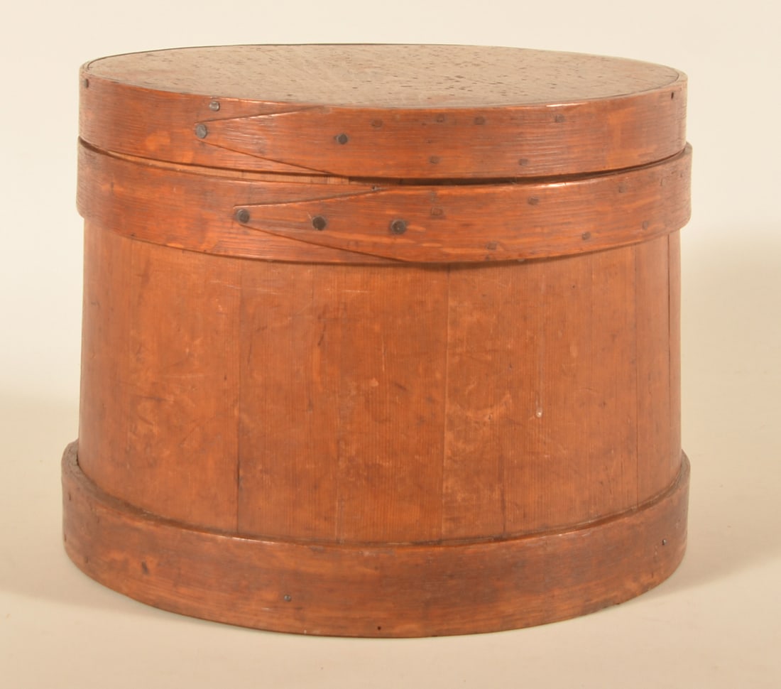 Early Wood Staved Lidded Storage Bucket: Wonderful New England form, slightly tapered pine body with oak bands secured with copper nails. 1820-1840 time period. The initials "DN" are burned into the bottom five times in the form of a cross.