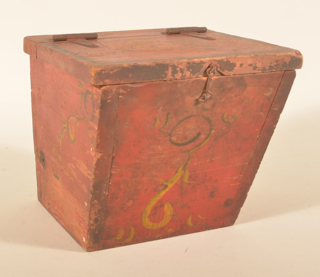 19th Century Paint-Decorated Drill Box: Lift lid box with original red paint and multicolor hand-painted flourishes. Canted sides. Originally mounted on an early piece of farm equipment. 10"H x 11"W x 11"D