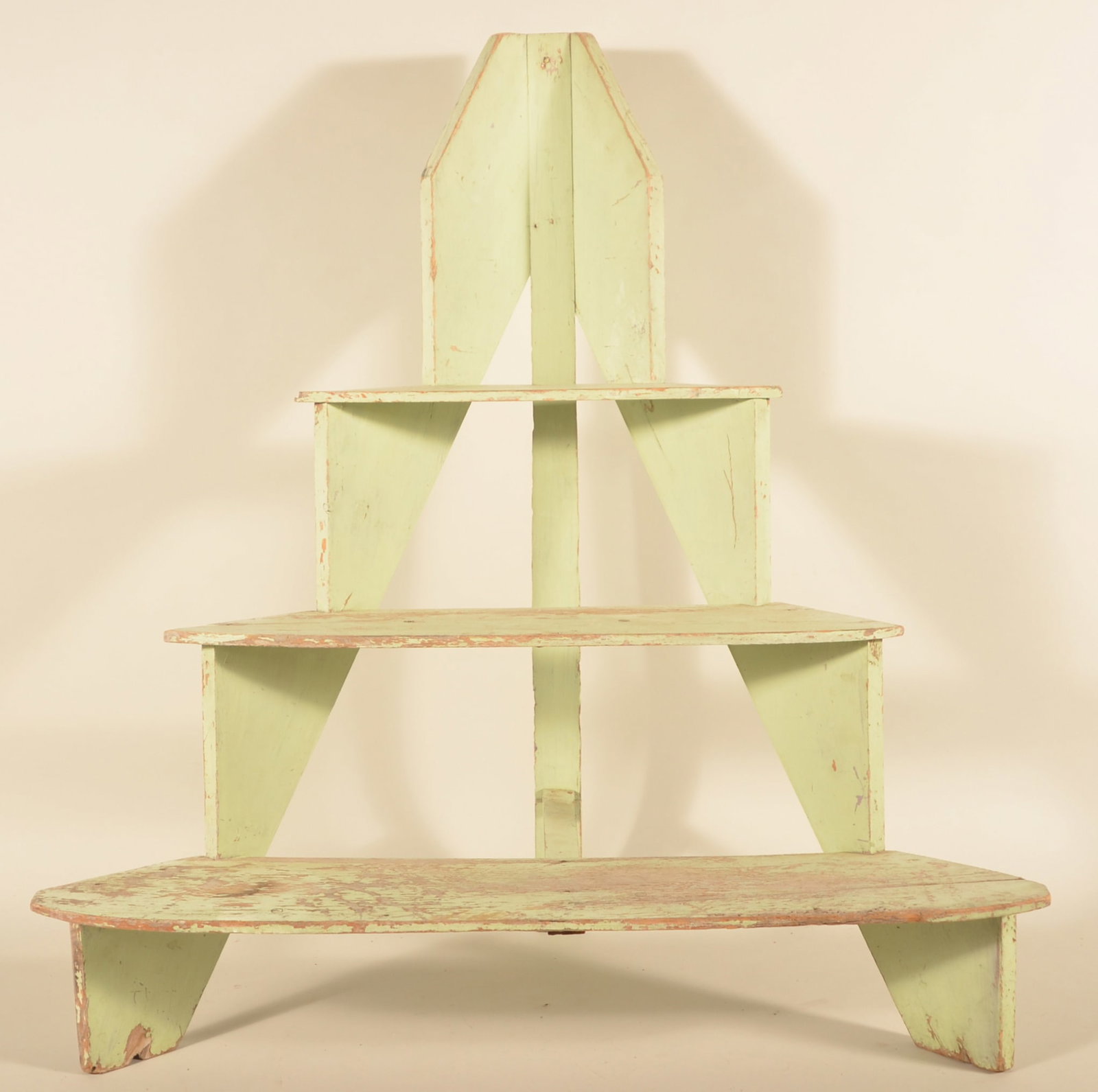 Antique Painted Wood Crock or Plant Stand: Early 20th-century stand in the original mint green paint. Cut nail construction with good spacing between the shelves for display. 38"H x 35 1/2"W x 18"D