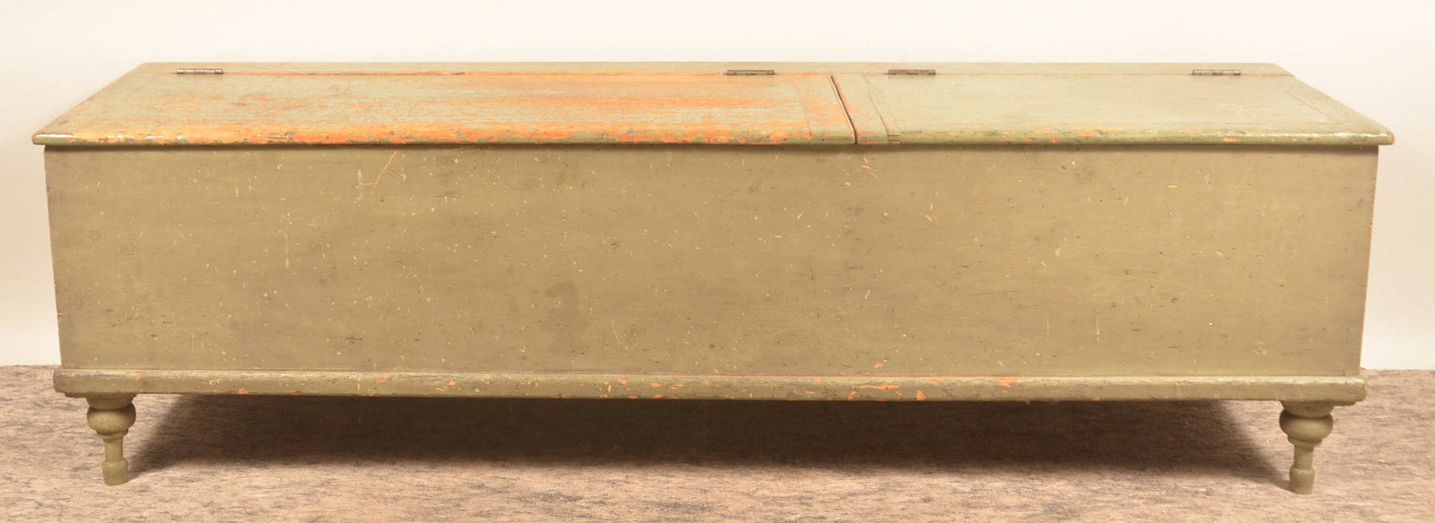 Pennsylvania Painted Wood Box/Bench w/ Double Lid: 1840s dovetailed and turned foot double lid wood box which also served as a bench. Wonderful original paint with excellent wear and patina. Lids with breadboard ends, top board is beaded, original hin