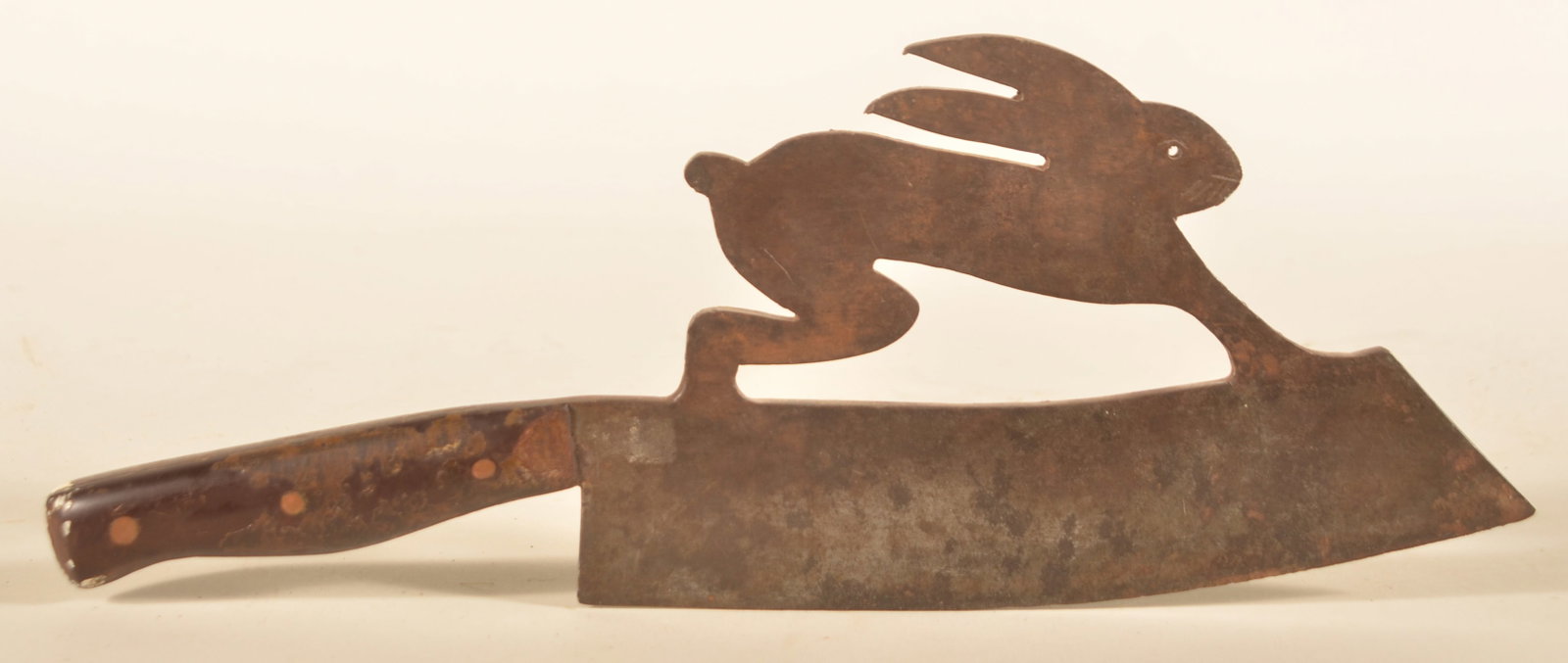 Great Folky Figural Rabbit Food Chopper: Wonderful appearance of a rabbit getting ready to sprint. The blacksmith even added whiskers to the rabbit's face. Late-19th-century steel blade, handle with copper rivets. 5 1/2"H x 14 1/2"W