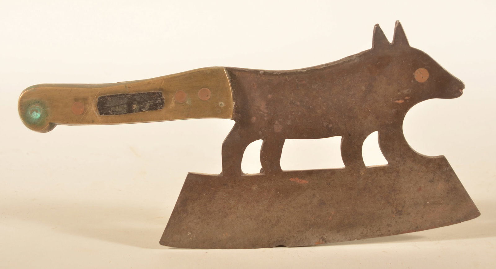 Figural Fox Brass, Copper & Steel Food Chopper: Another example from this old New England collection is this open-mouthed fox complete with a copper eye. Brass handle with copper rivets. Late-19th century. 5 3/4"H x 11 1/2"W