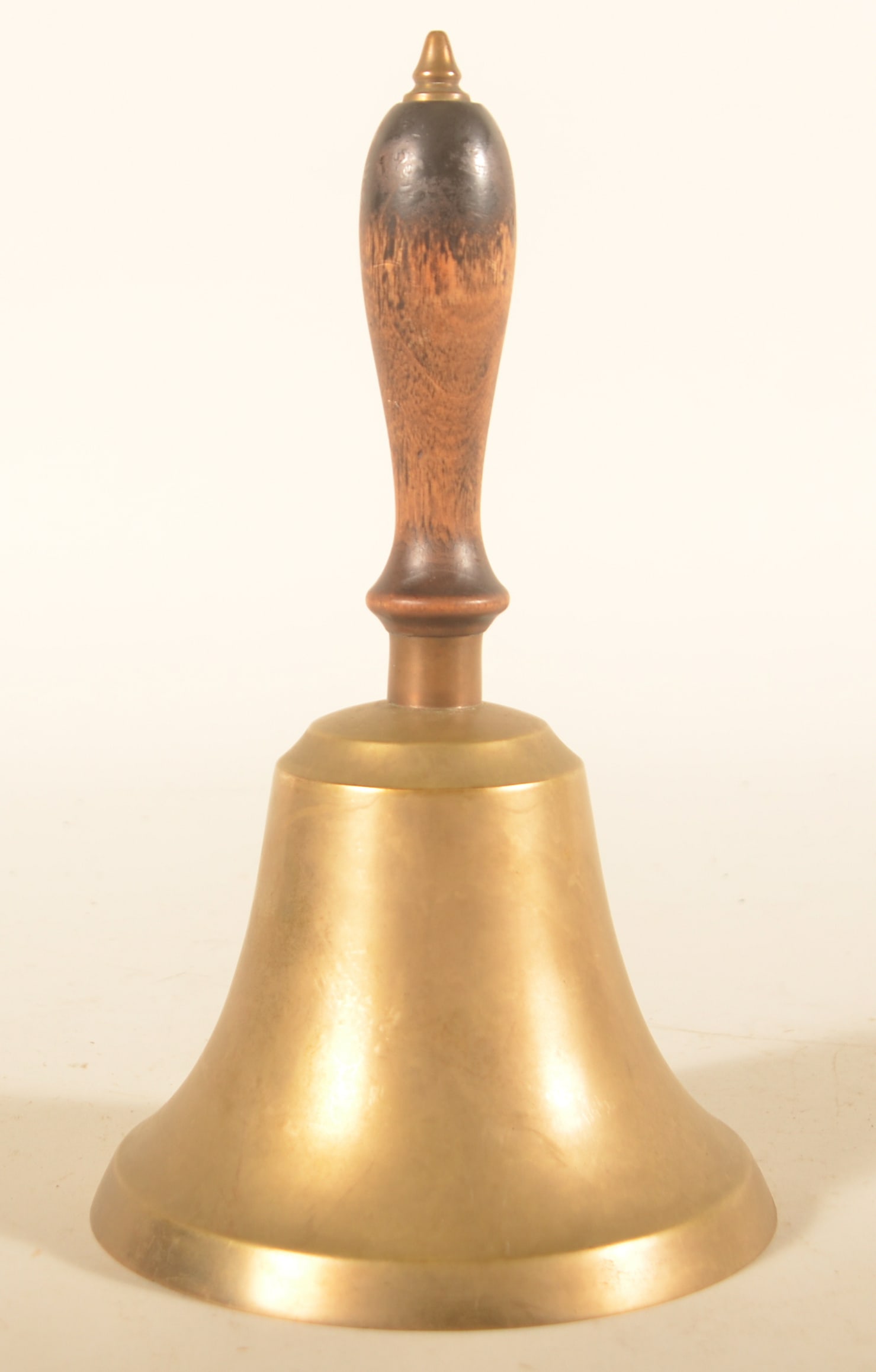Oversized Brass School/Railroad Hand Bell: Great size and tone. Not marked. Turned walnut handle. 12"H