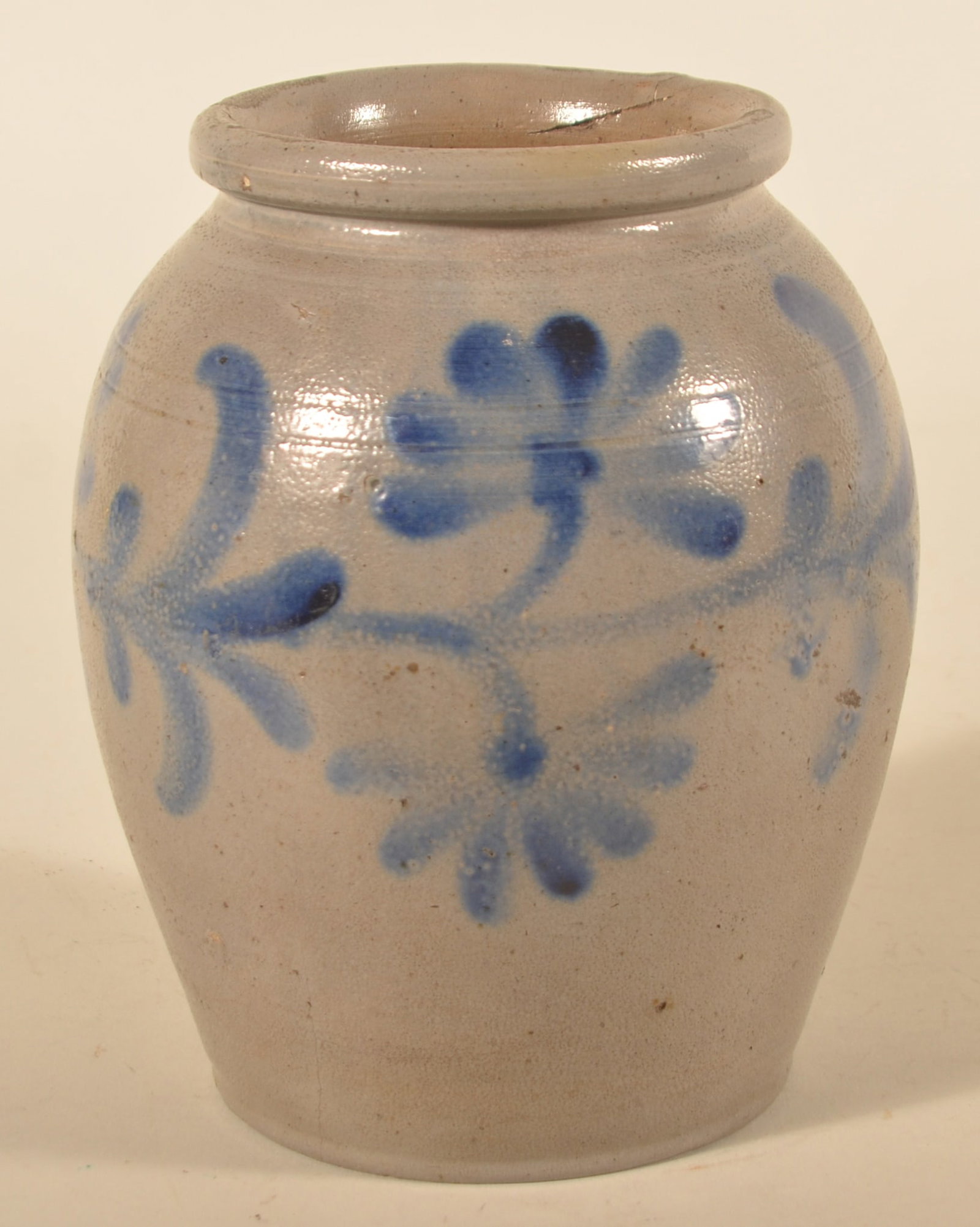 8" Freehand-Decorated Remmey, Philadelphia Crock: Slightly bulbous stoneware crock with cobalt decoration around the circumference of the jar. Excellent size with very nice contrast. 8"H