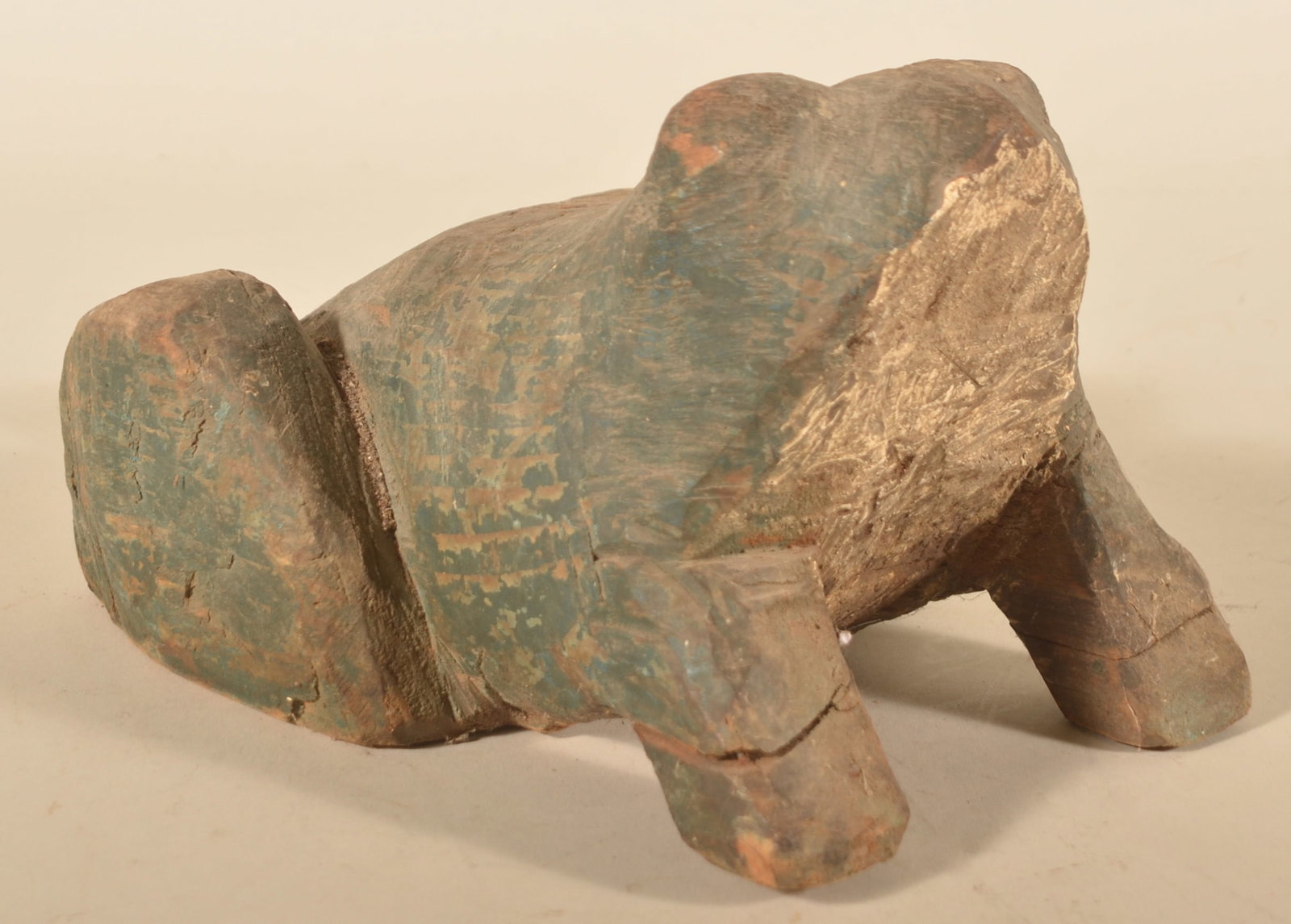 Large Folk Art Carved Wood Frog: Funky frog with dry old green paint. Carved from a block of pine. Early-20th century. 7"H x 7"W x 10"D