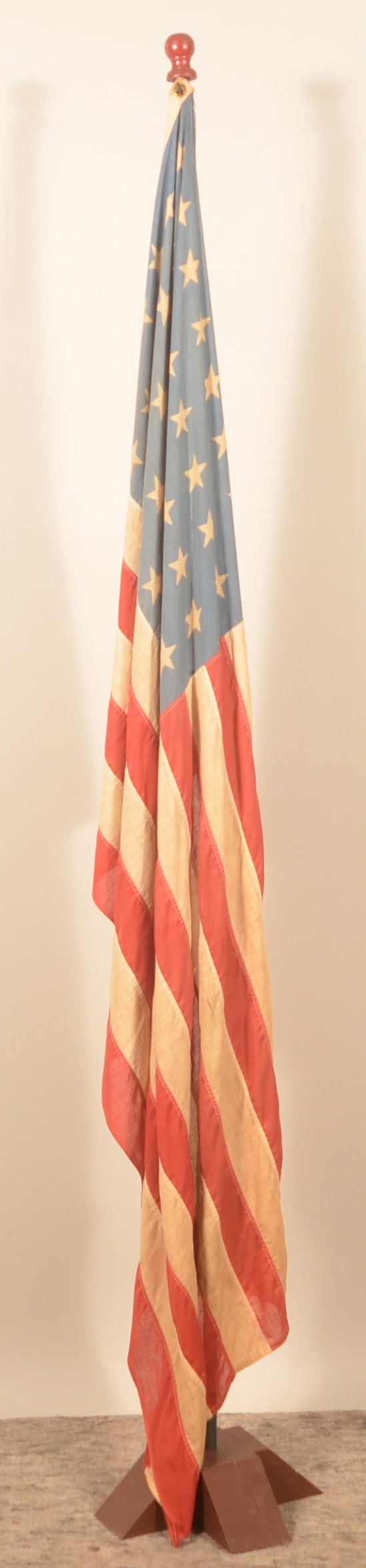 48 Star U.S. American Schoolhouse Flag: 48 star flag (1912-1959) on a wood blue painted pole with painted red finial. Custom-made base. Provenance: The collection of Linda and the late Ed Althouse. Flag, 33"H x 58"W