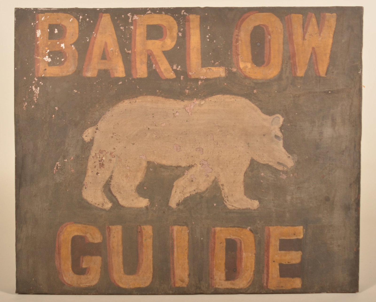 Excellent Painted Tin "Barlow Guide" Bear Sign: Great folky appearance. Early-20th-century painted tin sign with a half lap-jointed wood back. Features "Barlow Guide" in two colors and a folky walking bear. Sign was found in New England. 18"H x