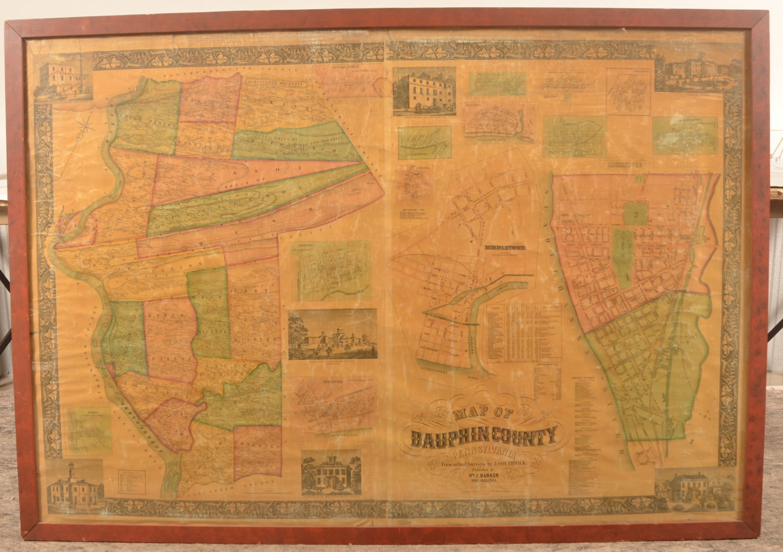 Large Wm. Barker 1858 Framed Dauphin County Map: Impressive size wall map of Dauphin County, Pa. by William Barker, Philadelphia. Housed in a wonderful wood frame painted red with black sponge decoration. 43 1/2"H x 62 1/2"W