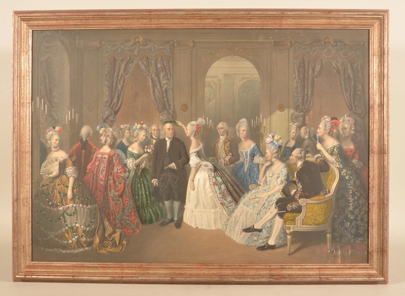 Beautiful Engraving Franklin at the French Court: Striking steel engraving done after the painting by Baron Andre Jolly titled "Benjamin Franklin at the Court of France 1778". 19th century. No visible marks, but presumed to have been published by