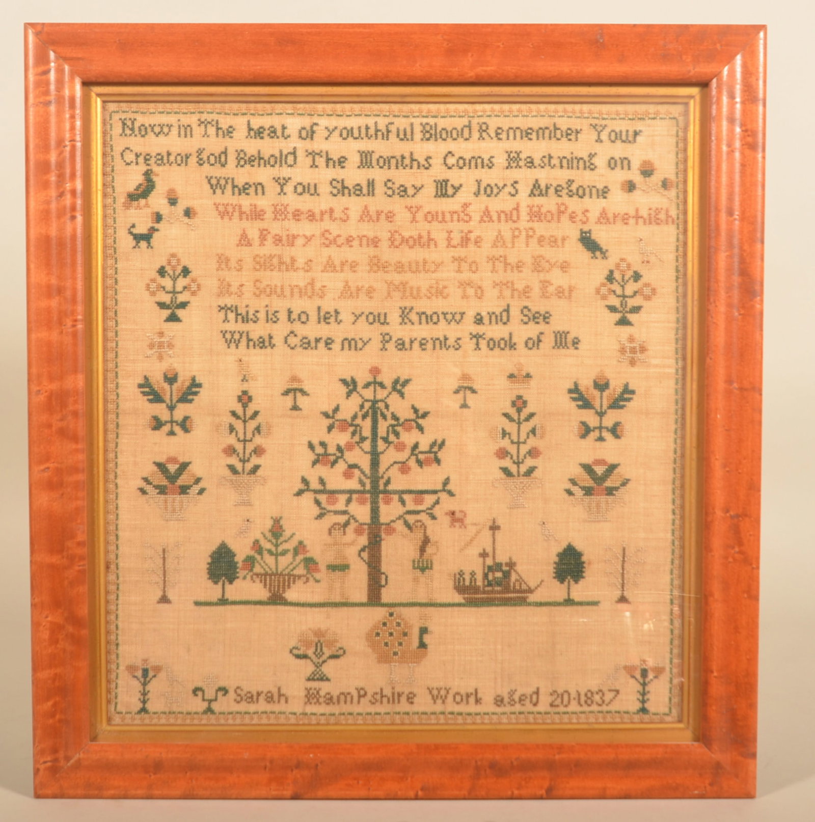 Great 1837 Signed Adam & Eve Tree of Life Sampler: Wonderful needlepoint sampler with bold colors and terrific imagery. Stitched is the saying "Now in the heat of youthful blood Remember your Creator God Behold the months coms hastning on When you sha
