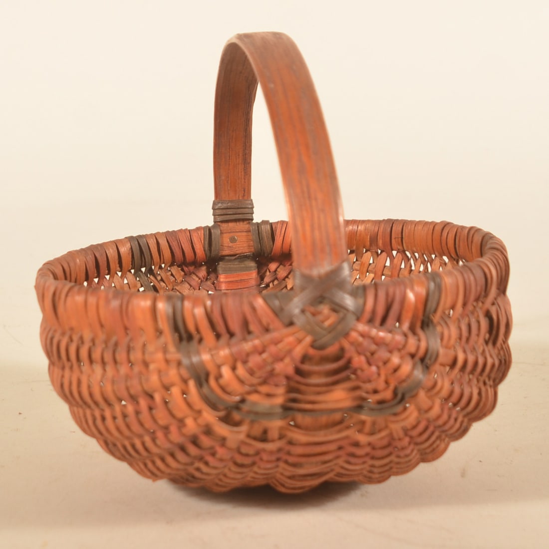 Antique Paint-Decorated Pennsylvania Basket: Small splint oak basket with red and dark green painted highlights. Found in Berks County, Pa. 5 1/2"H x 6"W