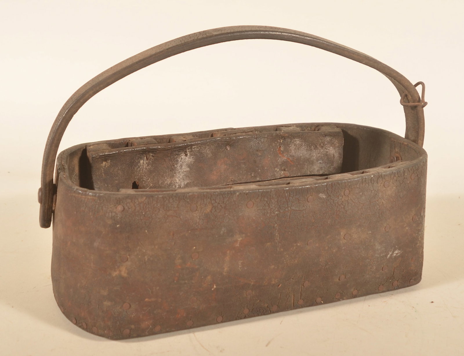 Unusual Antique Leather & Wood Carrier: Primitive tool carrier with interior pockets for tools, leather handle and body and wood base. Early-20th century. 10"H x 14 3/4"W