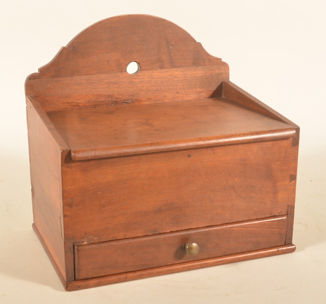 Early Dovetailed Hanging Spice Cabinet: From an old collection in Northern Berks County is this mixed hardwood lift lid and dovetailed drawer spice cabinet. Early-19th century. Nice form. 12 7/8"H x 13"W x 9"D