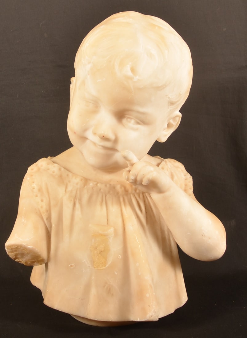 Italian Carved Alabaster Bust of Child: Bust of a smiling child pointing mischievously. Early 20th century. 15"H