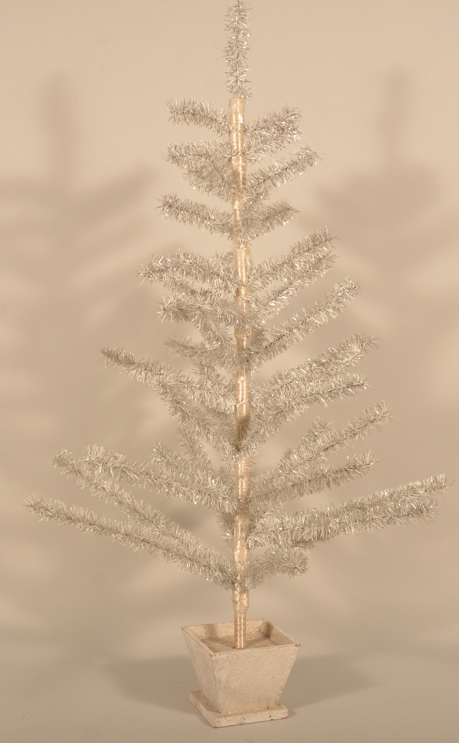 Vintage White Paper Tabletop Christmas Tree: Wood base is unmarked. 46"H