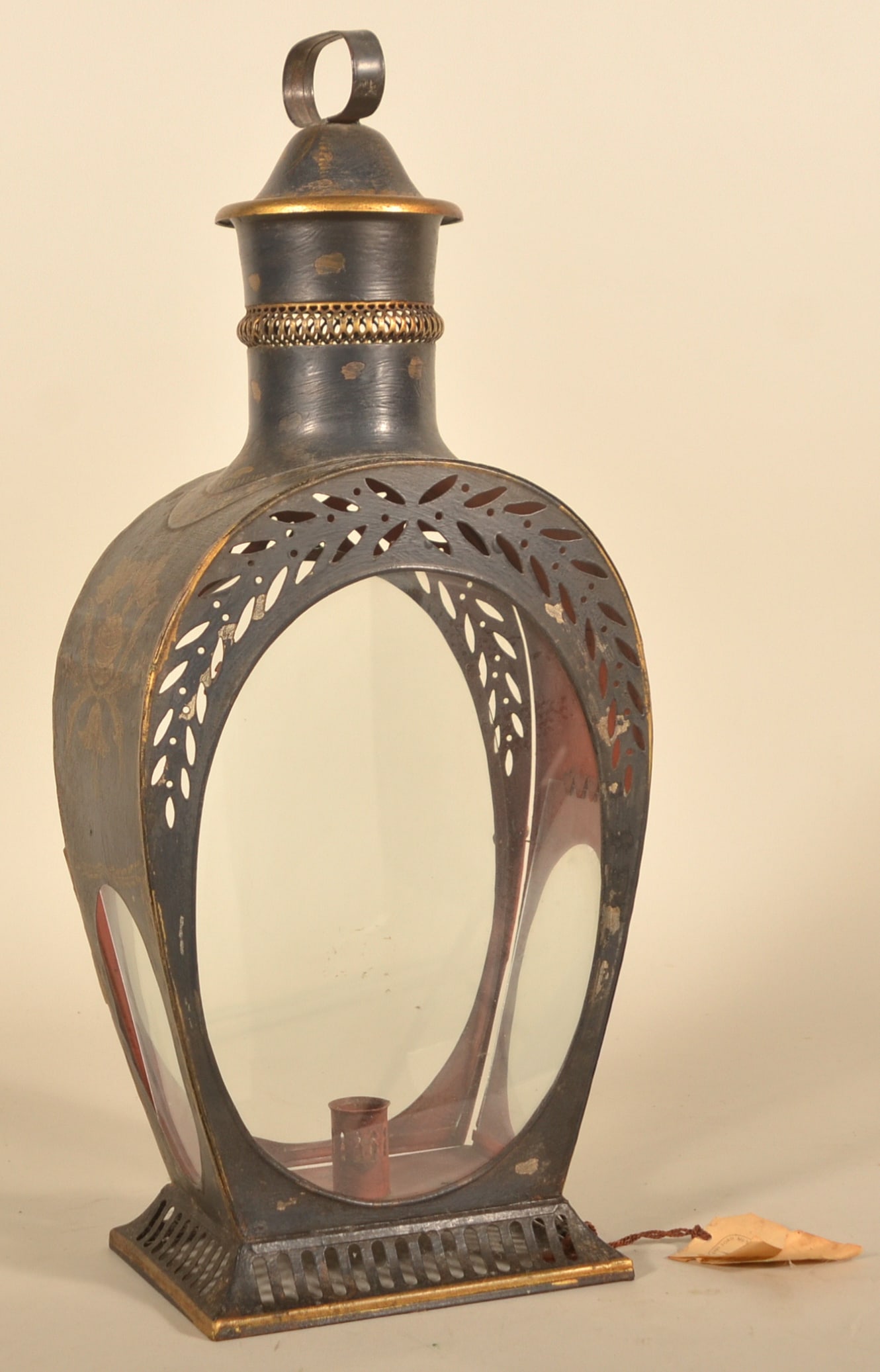 Tole-Painted Elliptical Tin Lantern: Reproduction sold by the Henry Ford Museum at Greenfield Village. 21 3/4"H x 9 1/4"W x 5 3/4"D