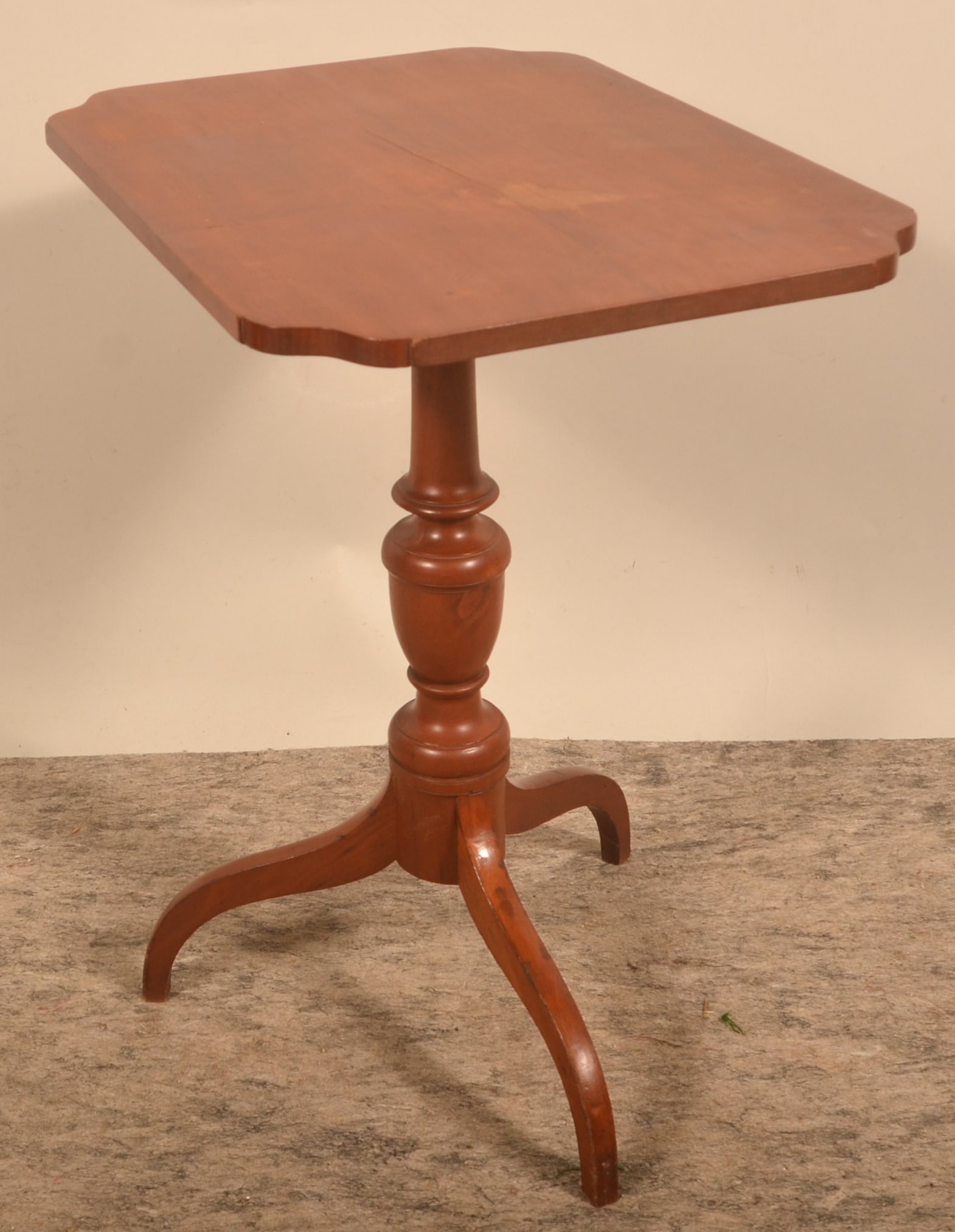 Sheraton Cherry Pennsylvania Tilt-Top Candlestand: Sheraton single board, scrolled-edge top with turned column. 28"H x 24"W x 17 1/2"D