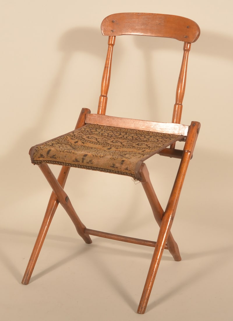 Civil War Officer's Folding Camp Chair: Excellent turned maple and carpet seat chair in the original finish. Of the type used extensively by officer's during the Civil War. 31"H x 14"W x 15"D