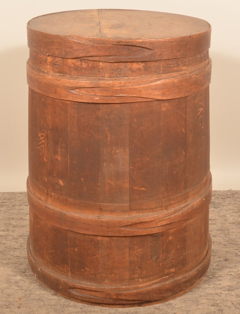 Great Large Tapered Wood Staved Lidded Barrel: Typically this form is seen with firkins with the overlapping wood bands. This is an impressive size barrel with tapered sides in the original natural finish. 32"H x 22"D