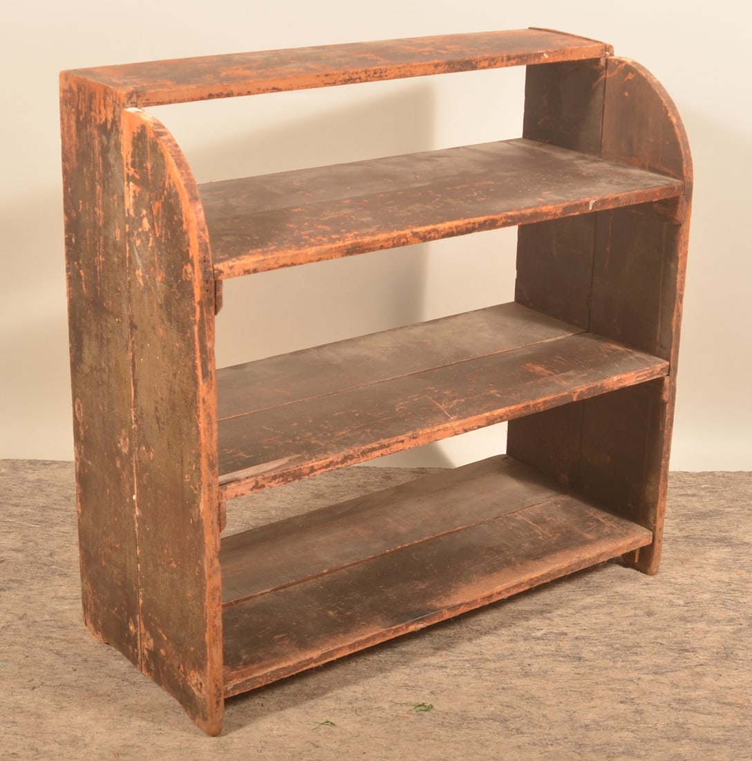 Antique Painted New England Bucket Bench: Nice dry surface, in the original red with so much patina it now appears black. Square nail construction. Half-moon feet. 35" x 36" x 15"