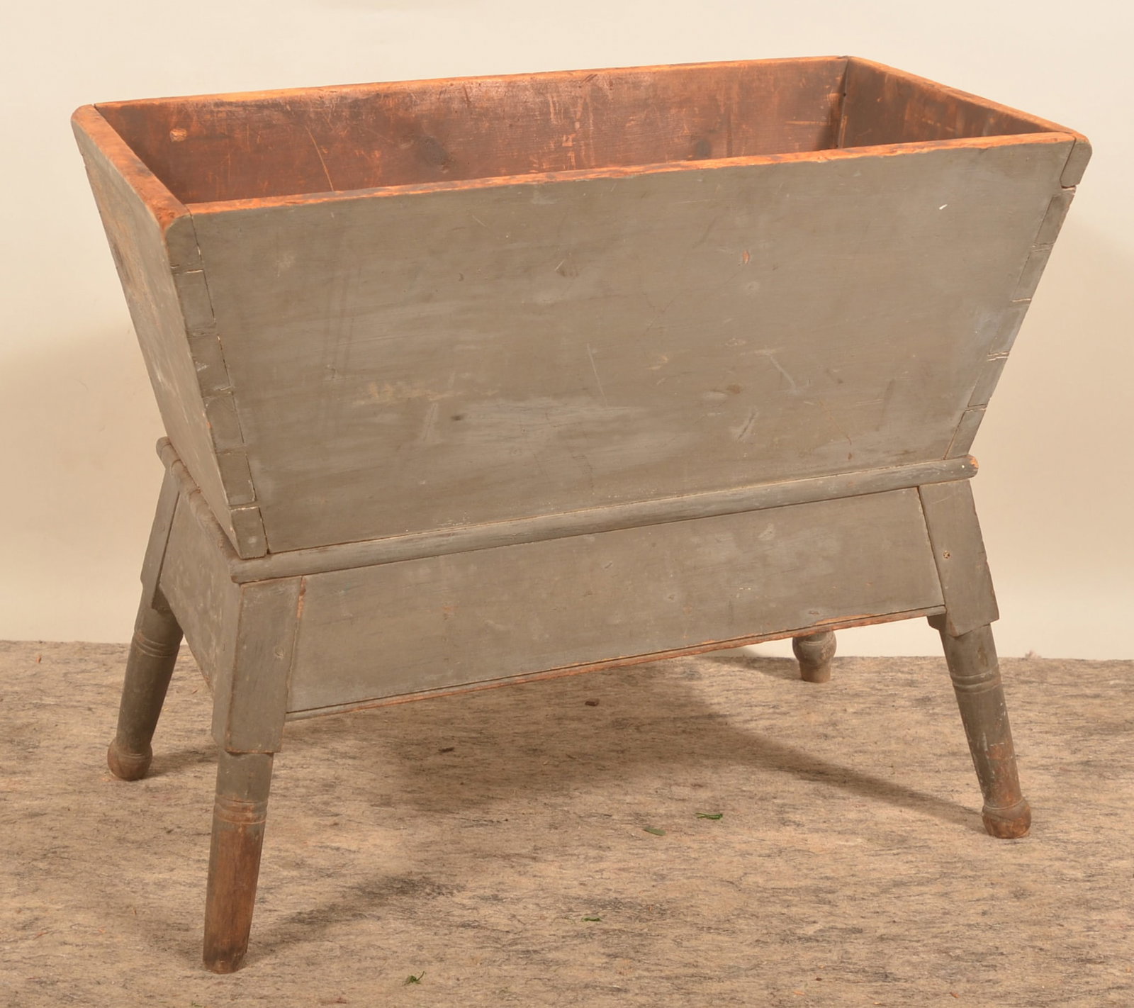 Blue-Painted Dovetailed Dough Tray: Pennsylvania with turned legs and beaded apron in original paint. 25" x 31" x 16"