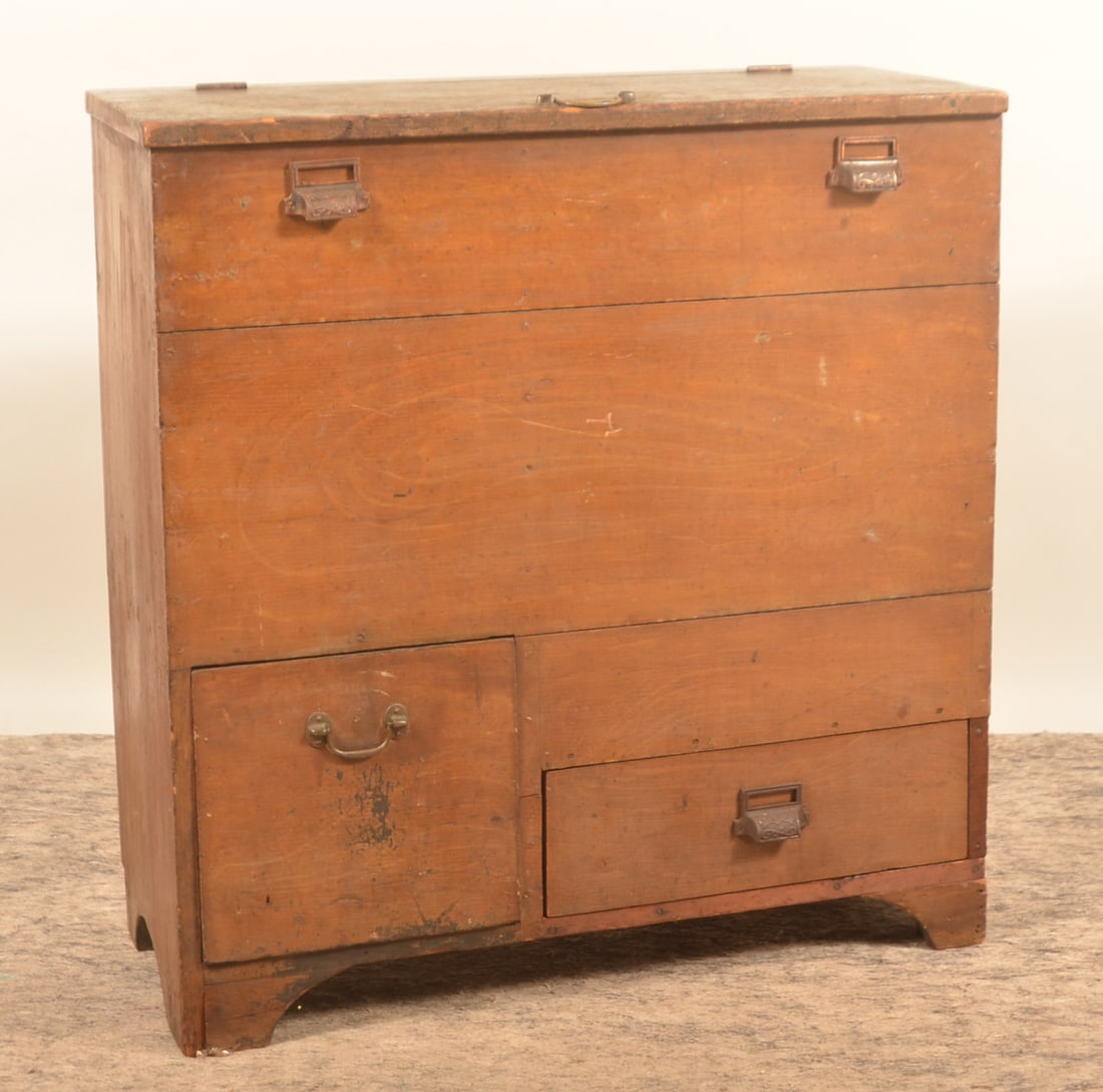 Pennsylvania Painted Flour Bin: Mustard grain-painted lift lid flour bin with two drawers. Pine with square nails. 1870-1880. 35"H x 33"W x 14 1/4"D