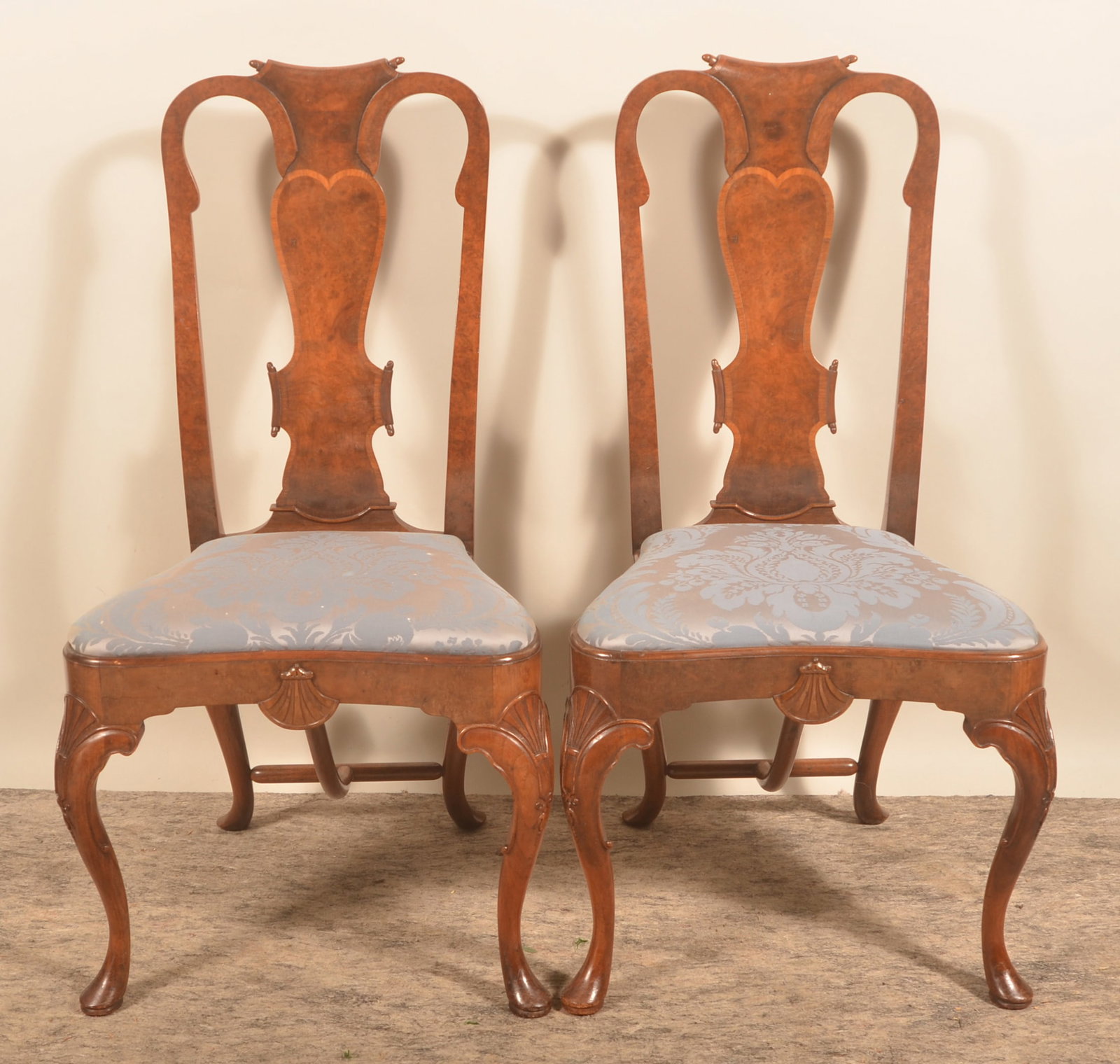 Pair of Queen Anne Burl Walnut Side Chairs: Heart-shaped back, carved accents, cabriole legs, beautiful form and finish. 41 1/4" x 22 1/2" x 20"