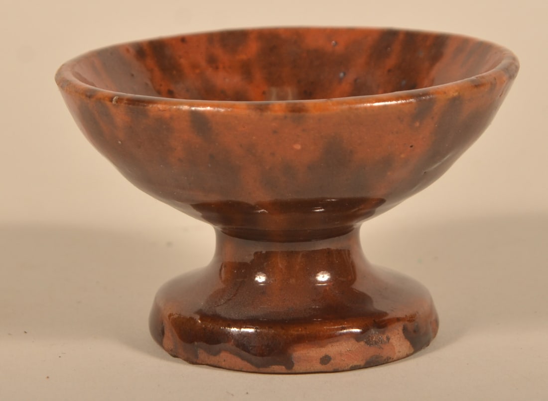 Small Redware Pedestal-Base Salt: Found in New England with very nice form and color. 2"H x 3 1/8"D