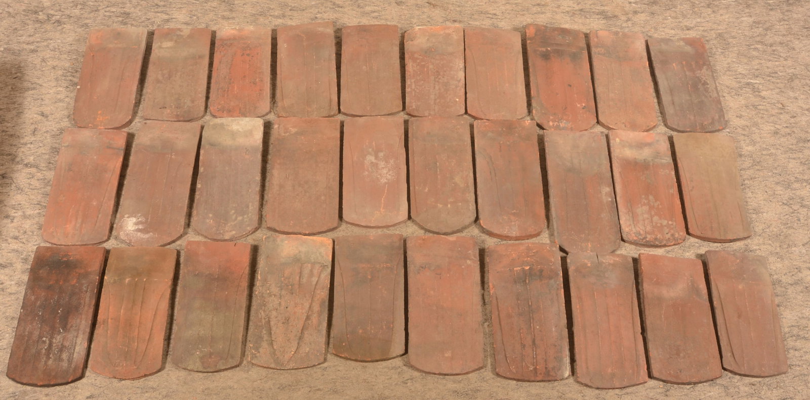 Antique Berks County, PA Redware Roofing Tile: Another group from the same collection as lot 209. 30 tiles. Each, 14 1/2"L x 6 3/4"W