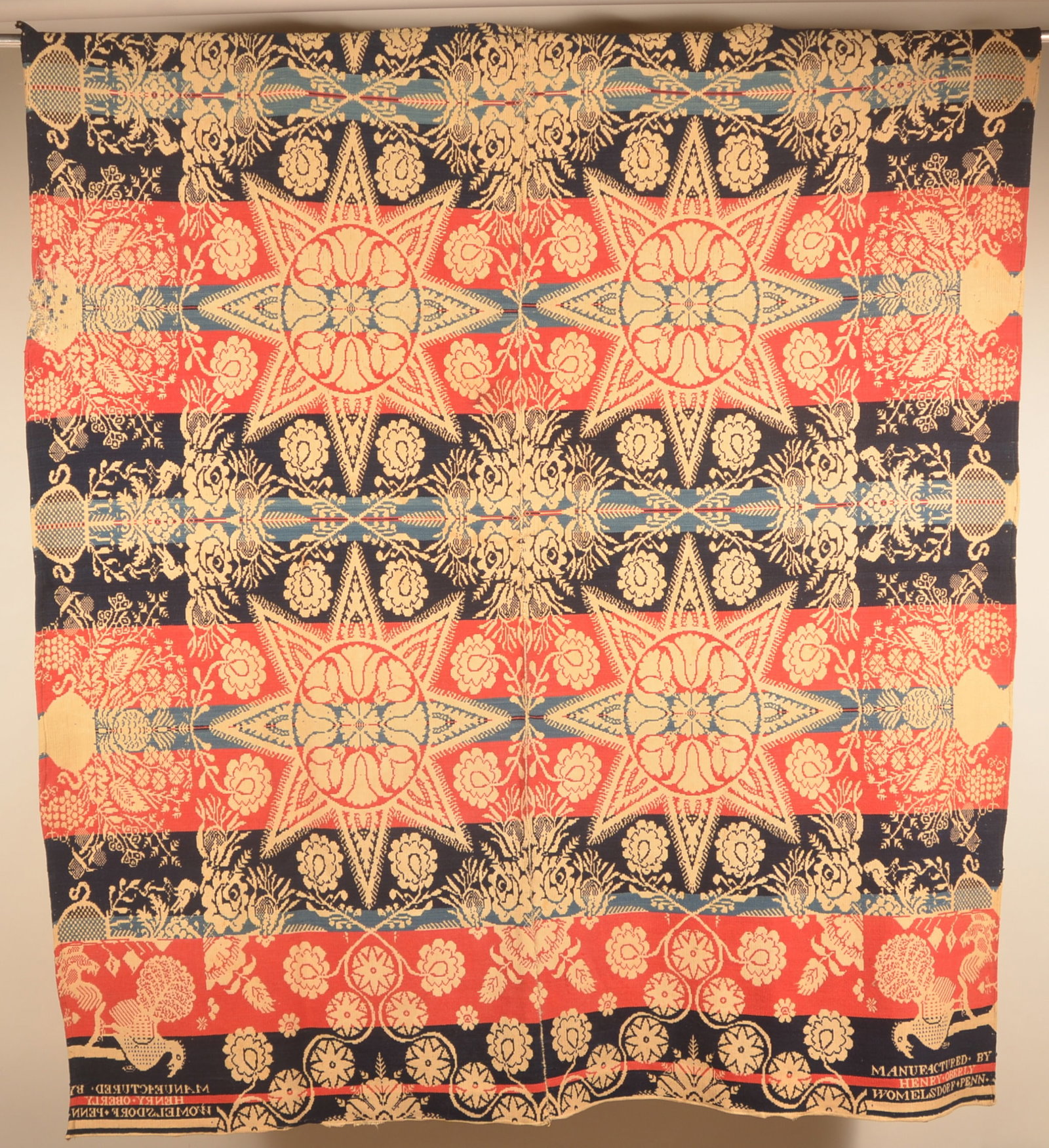 Signed Henry Oberly Womelsdorf, PA Woven Coverlet: Henry Oberly (1805-1874) worked in Womelsdorf, Berks County. 4-color coverlet with his turkey in the tree pattern. Undated, center seam. 71"L x 80"W