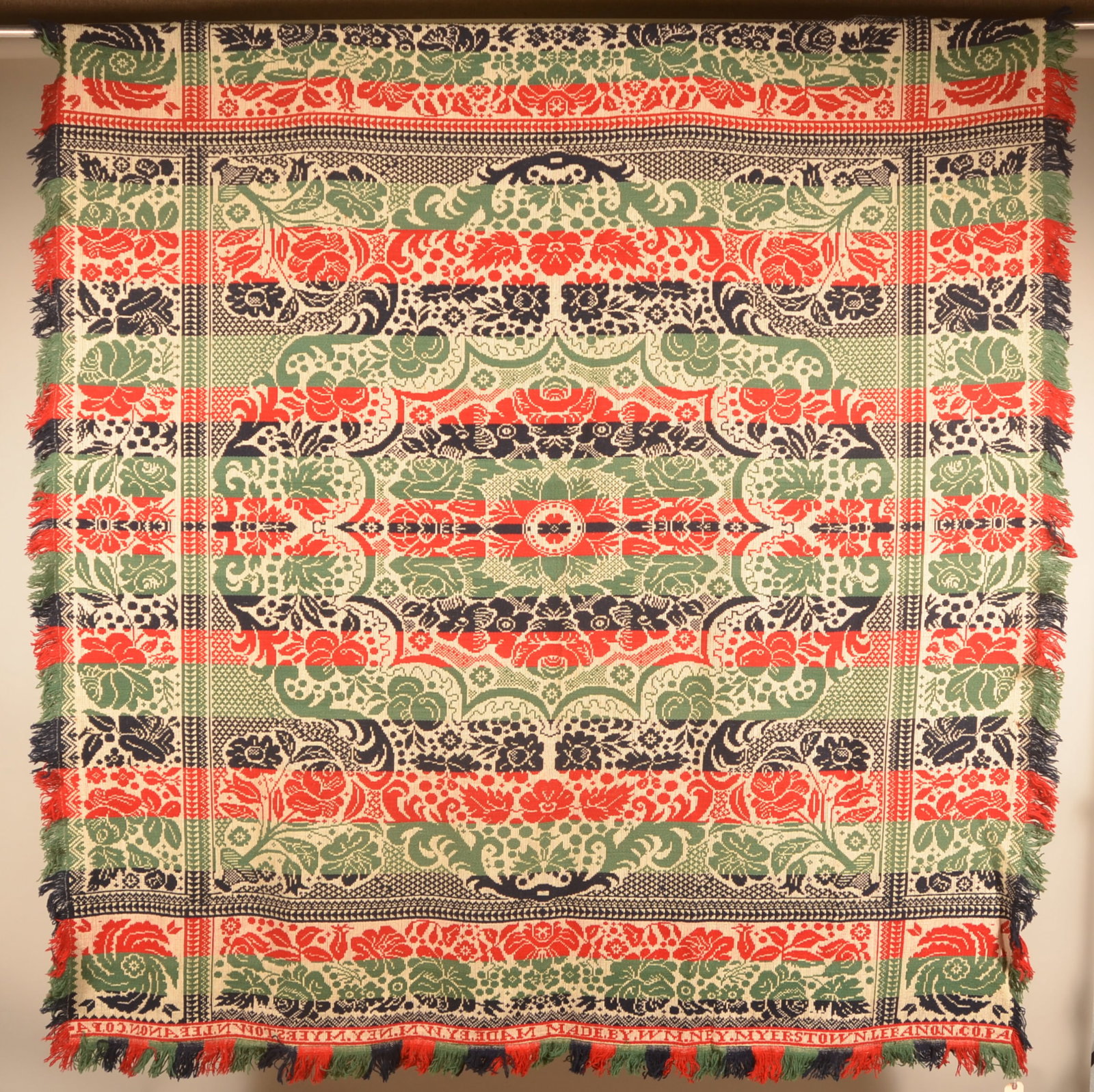 Crisp 4-Color Wm. Ney Myerstown, PA Woven Coverlet: Excellent undated example signed along the bottom edge, "Wm Ney Myerstown Lebanon Co Pa". Ney (1811-1892) lived and worked in Myerstown along with another coverlet weaver, Andrew Deitsch. 81"L x 84"W
