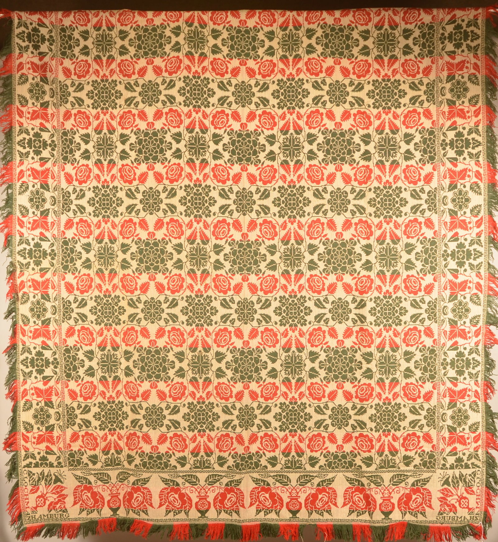Signed Christian Lochman Hamburg, PA Coverlet: 3-color, single-weave, undated coverlet signed "C Lochman Hamburg". Lochman (1790-1864) was born in Pennsylvania and worked in Hamburg, eventually bringing his son William into the business. 94"L x