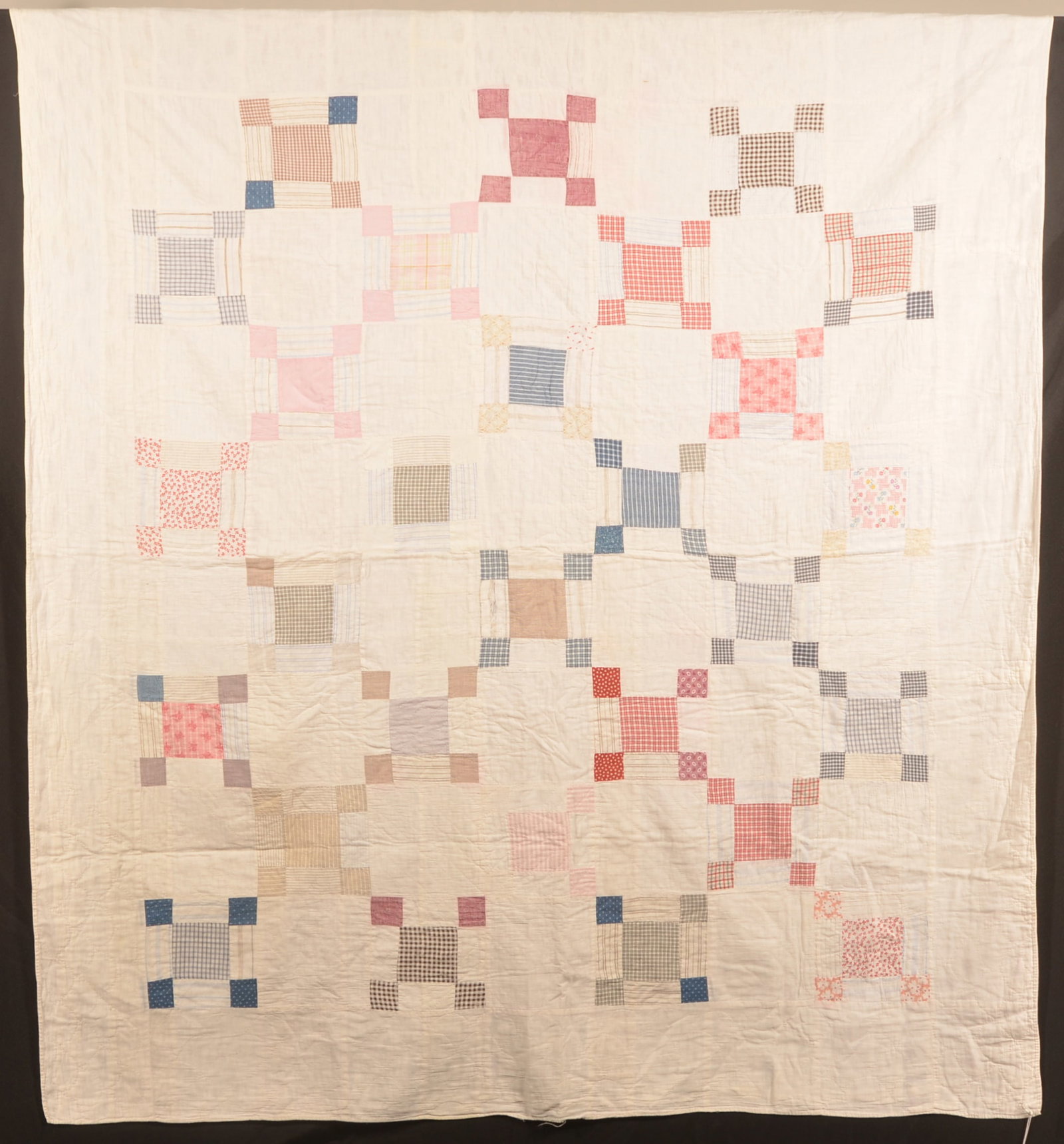 9-Patch Hand-Stitched Antique Quilt: 1930s flour sack quilt with light pastel colors. Made in Berks County, Pa. 72" x 64"
