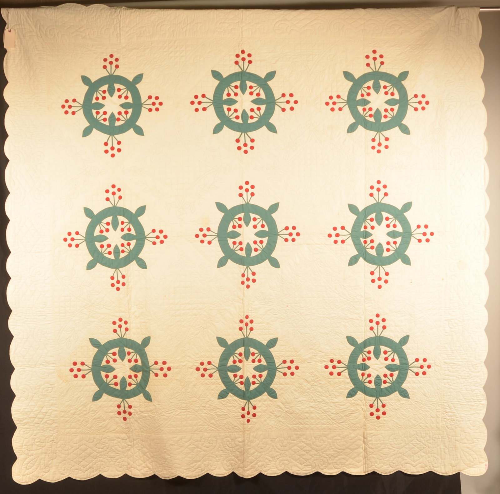 Currants & Cockscomb Pattern Applique Quilt: Antique Pennsylvania applique quilt with an unusual hand-stitched pattern. The use of a darker thread along the border gives it an outlined appearance. Beautiful quilt. 1880-1900. 88" x 90"