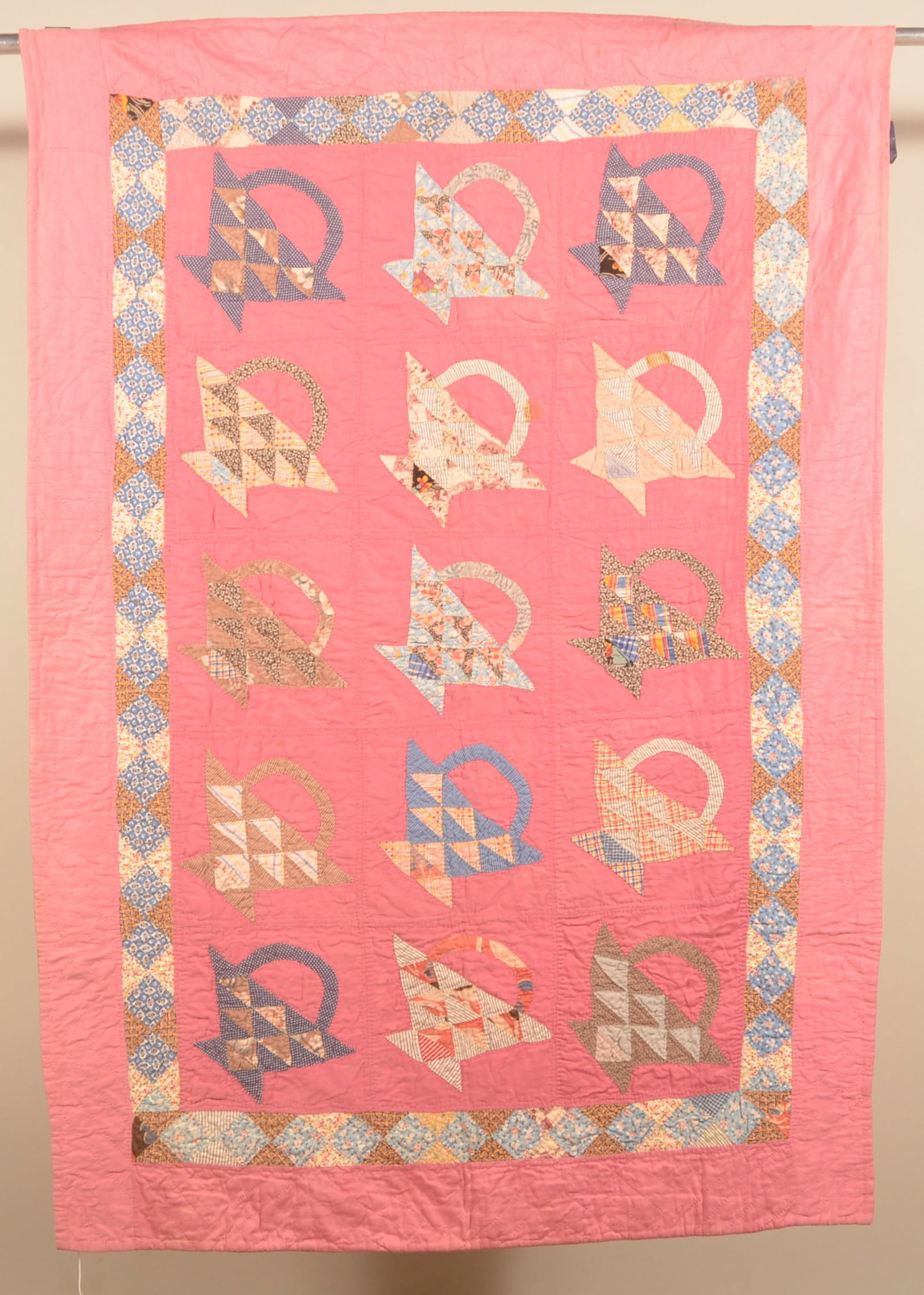 Antique Youth Size Basket Pattern Quilt: Young lady's youth size hand-stitched quilt. 1910-1920. 58"x 40"