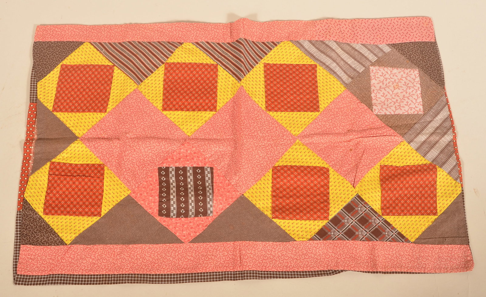 Antique Diamond & Square Quilted Pillow Case: Hand-stitched single pillow case with bright colors. 18 1/2"W x 28 1/4"L