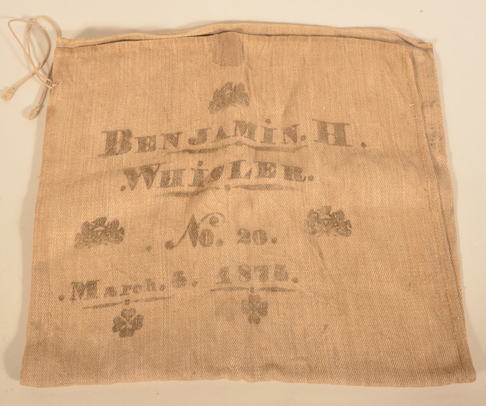 Benjamin H. Whisler 1875 Stenciled Feed Bag: Mt. Joy, Lancaster County, Pa feed bag stenciled "Benjamin H Whisler No. 20 March 5 1875". Interesting to note it includes the Seal of Pennsylvania stenciled three times. Whisler (1849-1917) moved to