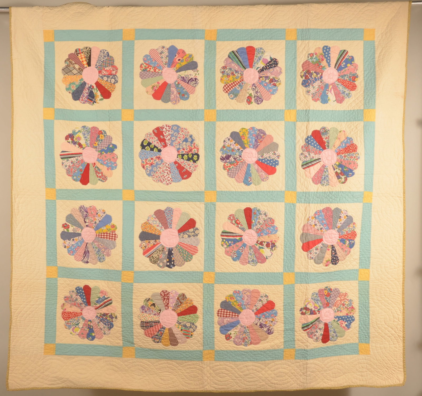 1930s Dresden Plate Stitched Quilt: 1930s quilt in crisp condition. Mix of hand and machine stitching. 80" x 81"