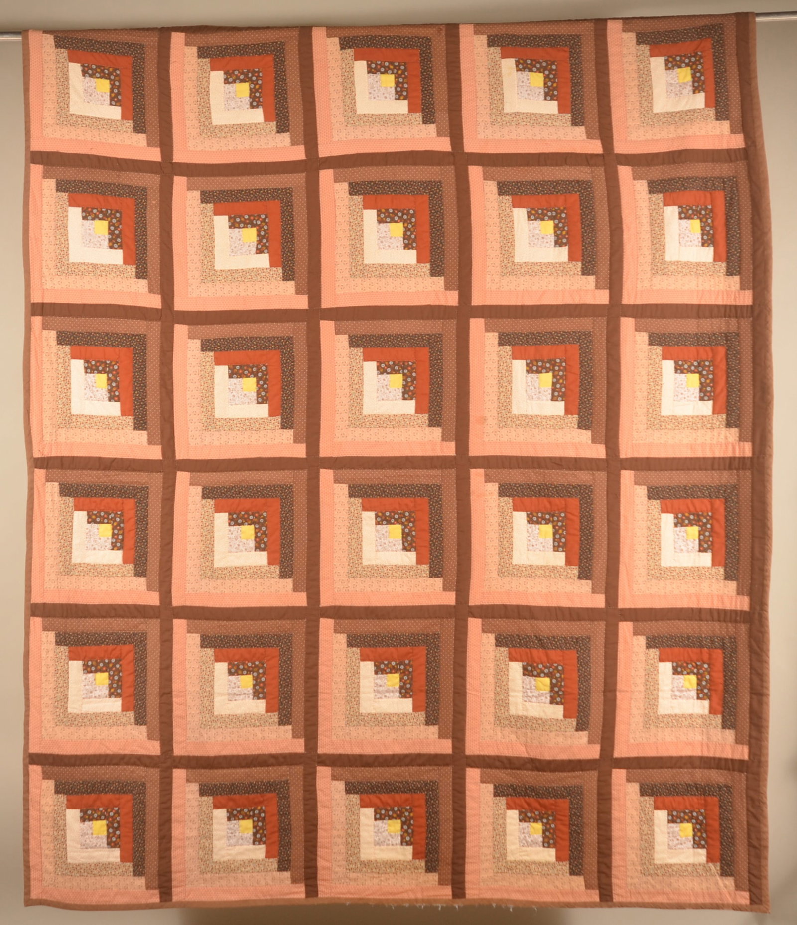 Vintage Log Cabin Hand-Stitched Quilt: 1960s vintage quilt with bright colors and traditional pattern. 77" x 88"