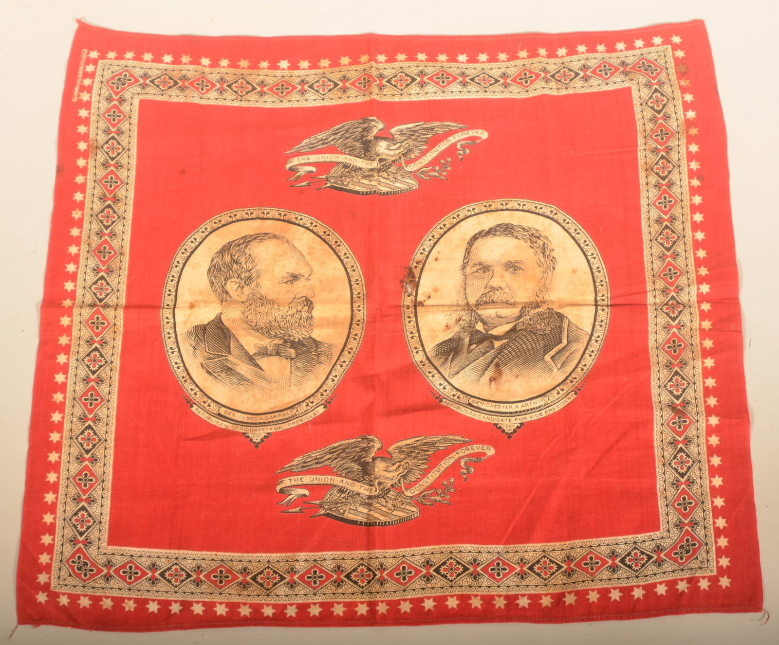 1880 Garfield/Arthur US Presidential Handkerchief: Handkerchief with the Republican ticket from the 1880 US Presidential election. 21" x 19"