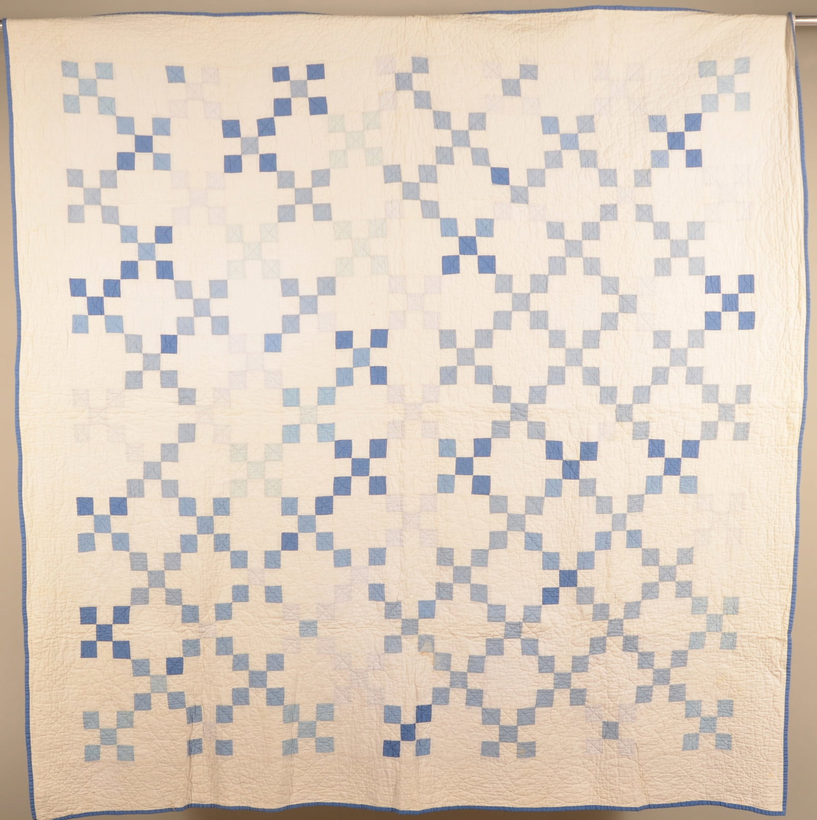 Vintage Irish Chain Hand-Stitched Quilt: Blue and white youth size quilt, found in Lancaster County, Pa. 1920-1930. 68" x 69"