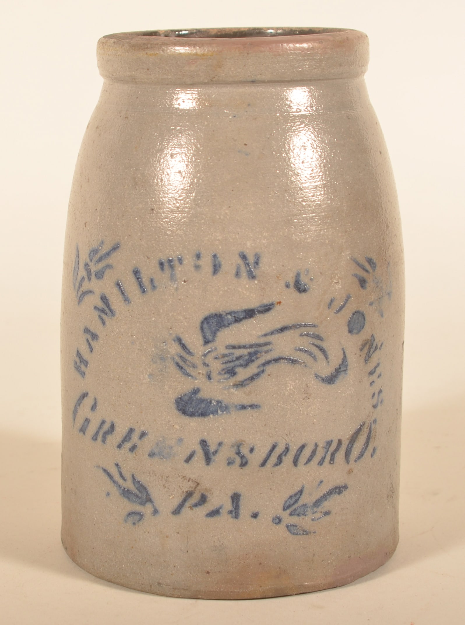 Hamilton & Jones Bird In Flight Canning Crock: Very nice tapered canning crock with the bird in flight stencil that sometimes gets confused for an eagle. Clear stencil and good contrast. 8 1/4"H
