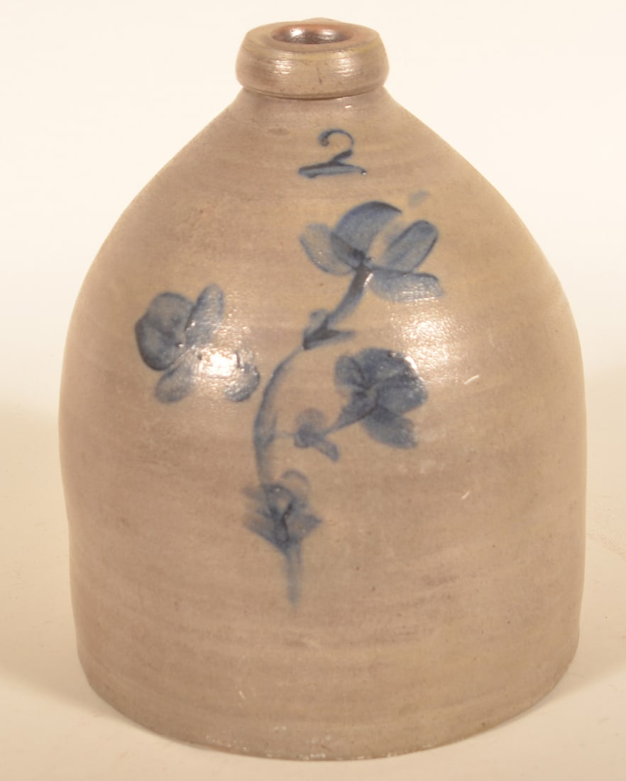 Easton, PA Freehand-Decorated Stoneware Jug: Attributed to J.M. Harris in Easton, Pa. 2-gallon squat jug with freehand capacity mark and floral decoration. 12"H